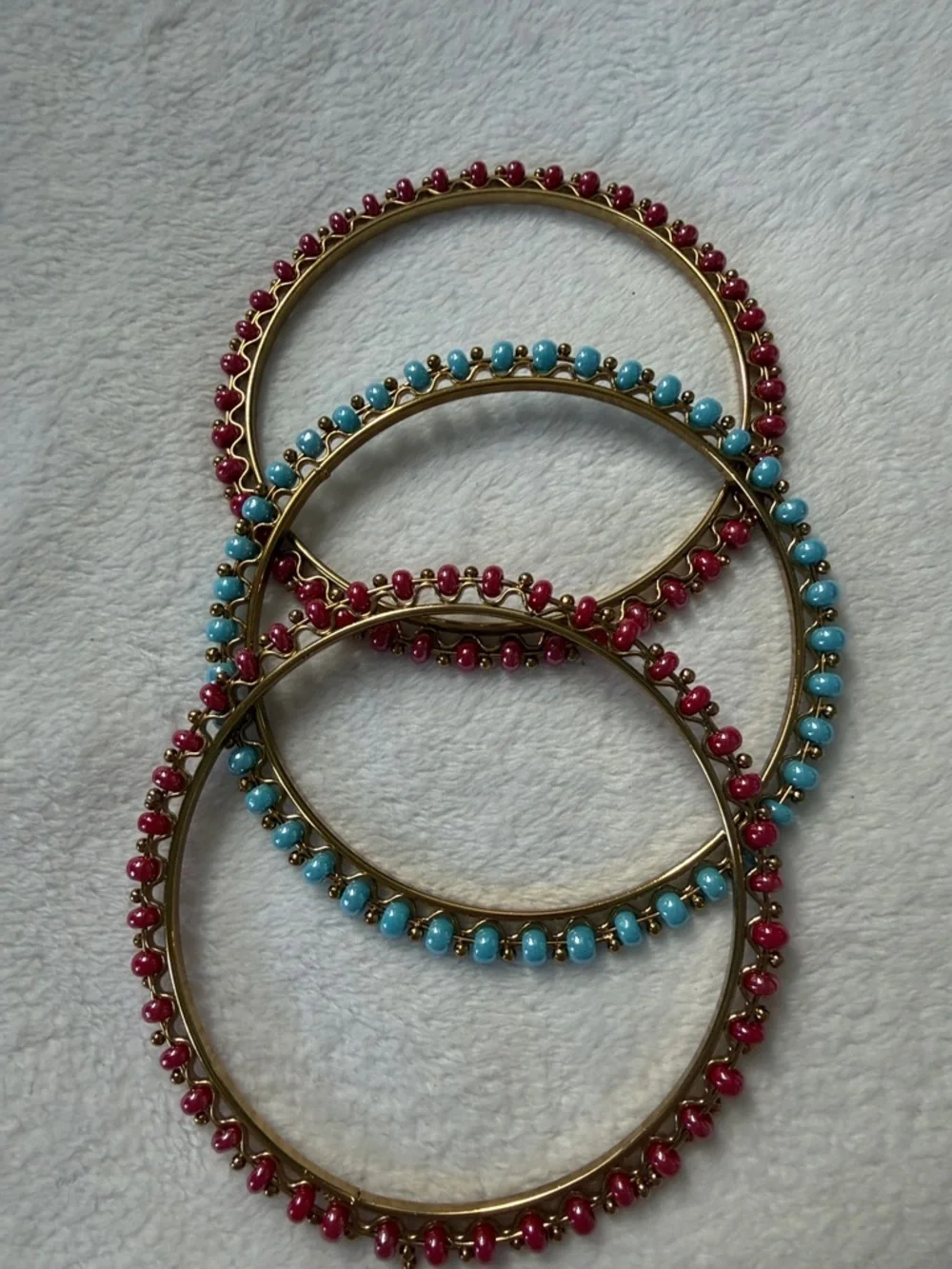 Gold-Tone Stackable Bangle Set with Pink and Blue Beads